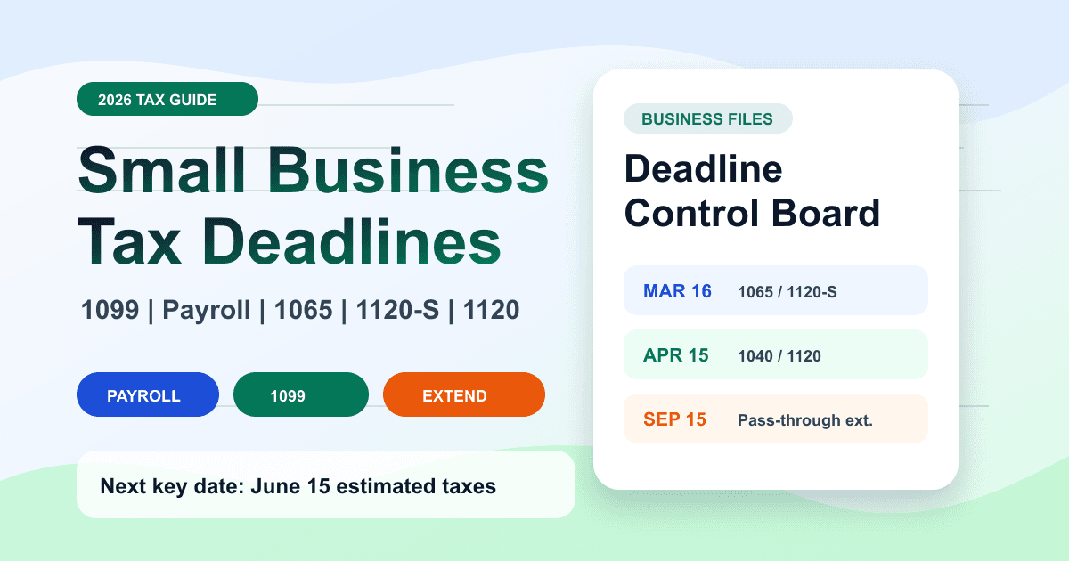 Small Business Tax Deadlines 2026: 1099, Payroll, Schedule C, 1065, 1120-S, 1120, Extensions, and Estimated Taxes feature image
