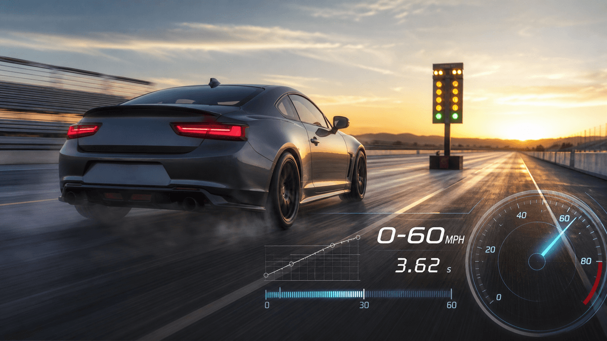 Performance car accelerating on a test track with 0-60 telemetry overlay
