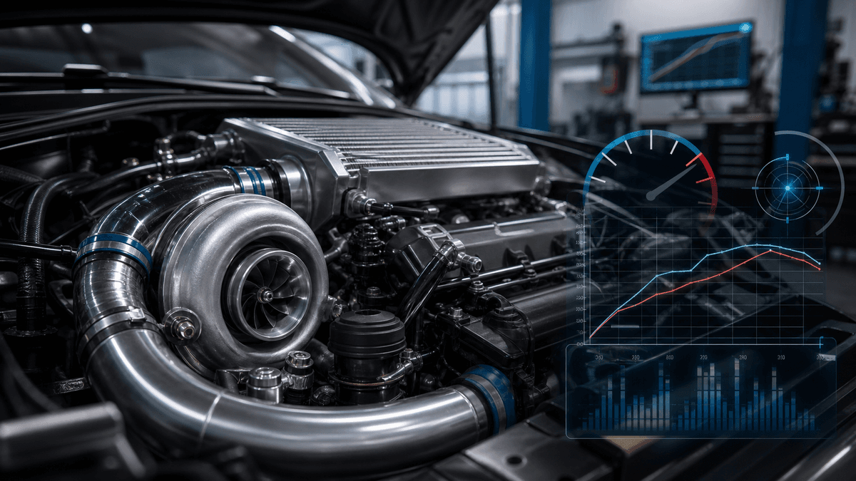 Turbocharged engine bay with boost gauge and dyno graph overlay