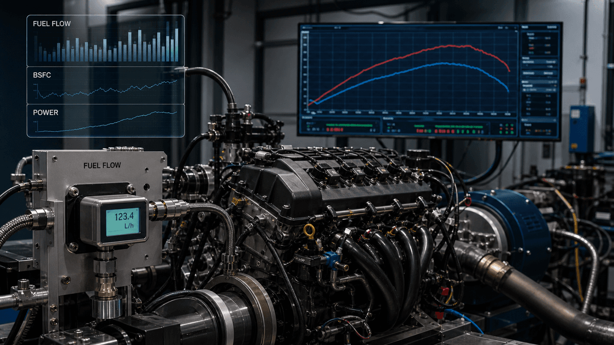 Engine dynamometer lab with fuel flow meter and brake specific fuel consumption dashboard overlays