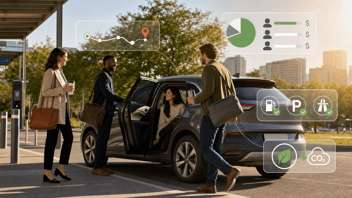 Commuters meeting beside an unbranded car with abstract route, cost split, and CO2 savings overlays