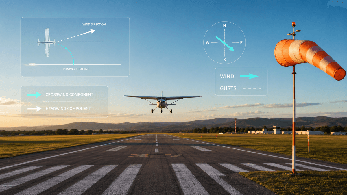 Runway, windsock, aircraft, and technical overlays showing crosswind and headwind components
