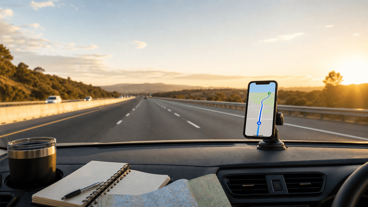 Mounted navigation phone, open highway, notebook, and route-planning scene for drive time estimates