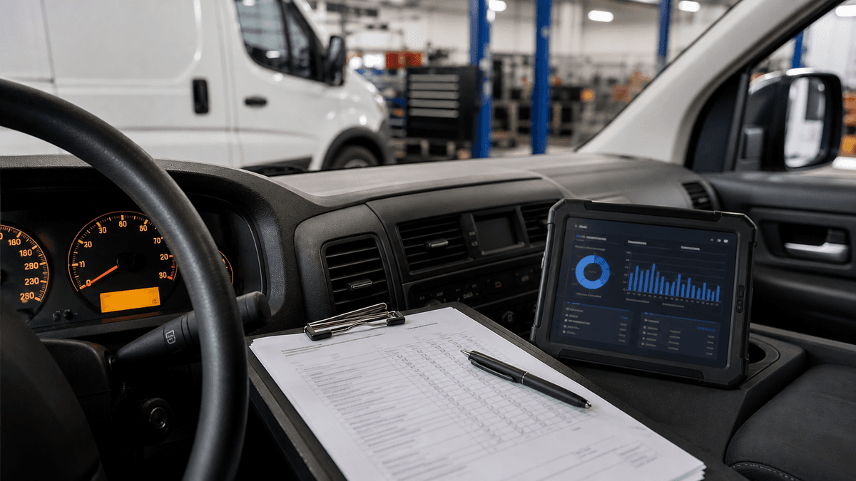 Fleet van dashboard with maintenance tablet and service log for engine hours to miles conversion