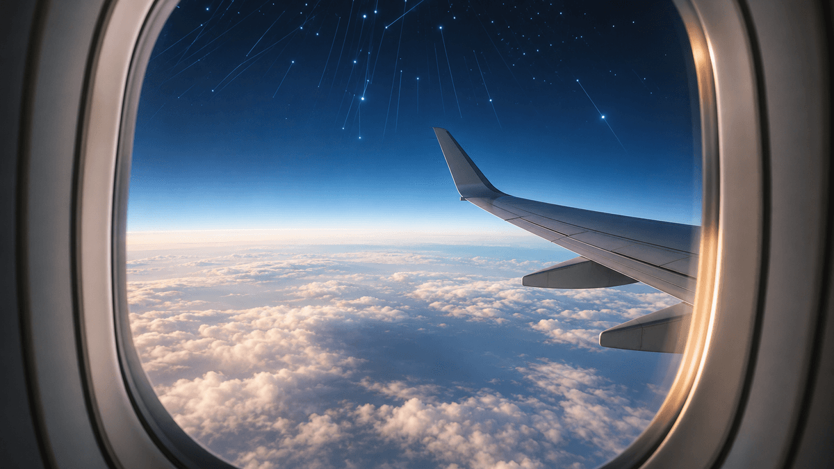 Airplane wing above clouds seen through a passenger window for flight radiation planning