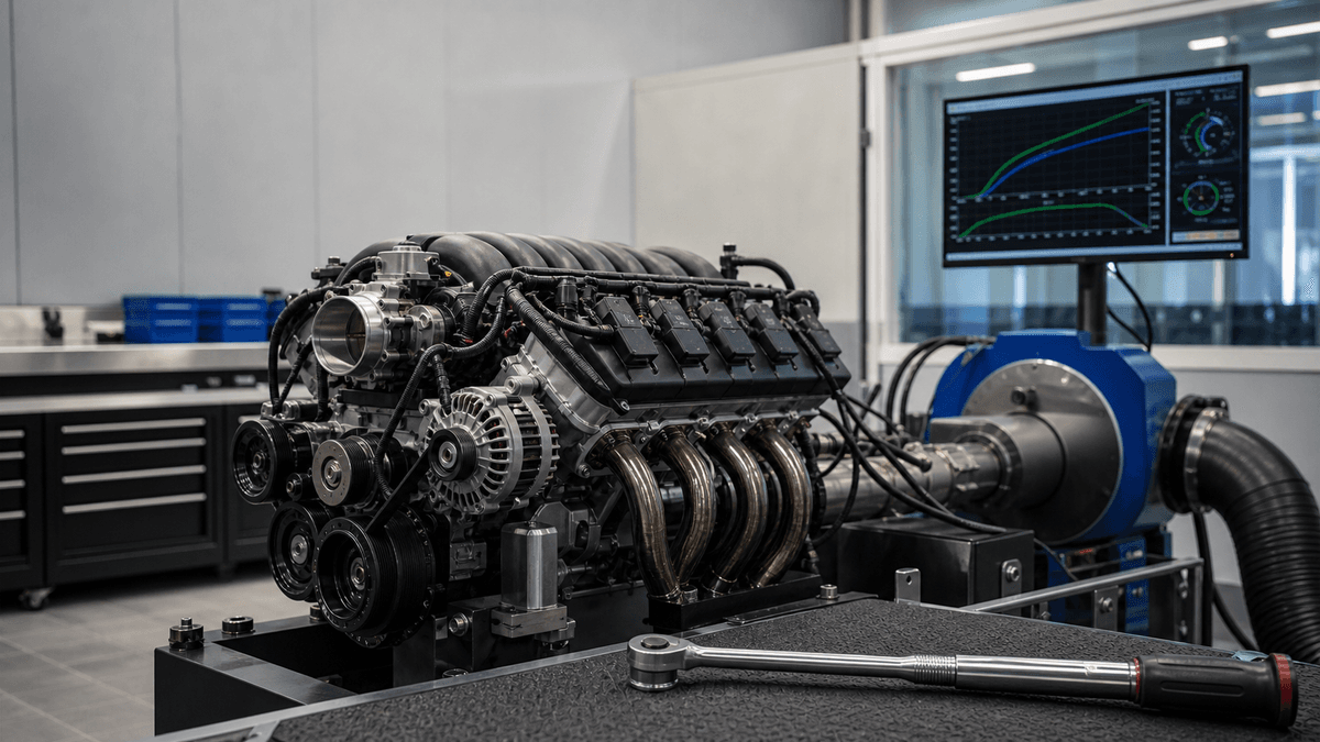 Engine on a professional dynamometer test stand with graph monitor and torque wrench