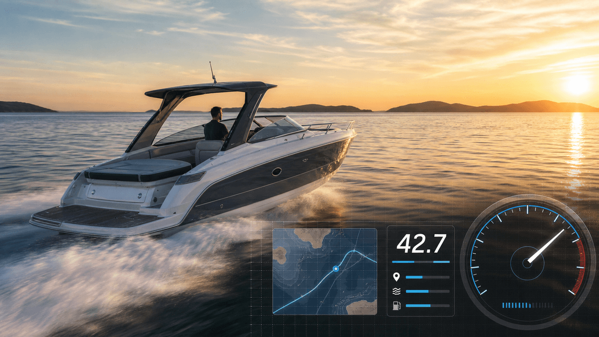 Motorboat running across open water with speed and nautical chart overlays