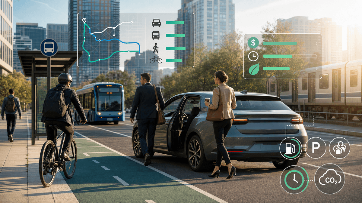 City commuters comparing car, transit, bike, walking, cost, time, and CO2 options